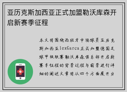 亚历克斯加西亚正式加盟勒沃库森开启新赛季征程