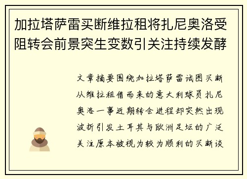 加拉塔萨雷买断维拉租将扎尼奥洛受阻转会前景突生变数引关注持续发酵